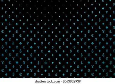 Dark blue vector texture with playing cards. Illustration with set of hearts, spades, clubs, diamonds. Design for ad, poster, banner of gambling websites.