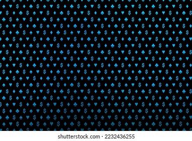 Dark blue vector texture with playing cards. Illustration with set of hearts, spades, clubs, diamonds. Template for business cards of casinos.