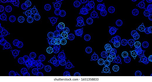 Dark BLUE vector texture with religion symbols. Retro design in abstract style with witchcraft forms. Design for magic, spiritual events.