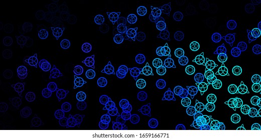 Dark BLUE vector texture with religion symbols. Illustration with magical signs of spiritual power. Best design halloween events.