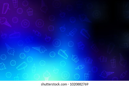 Dark BLUE vector texture with sweets, candies. Decorative shining illustration with sweets on abstract template. Doodle design for your business advert of cafes.
