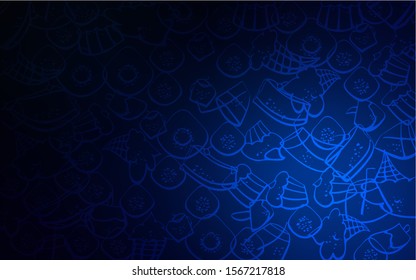 Dark BLUE vector texture with sweets, candies. Glitter abstract sketch with sweets, candies, desserts. Template of children's food in cafe.