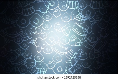 Dark BLUE vector texture with sweets, candies. Blurred decorative design of desserts in doodle style. Template of children's food in cafe.