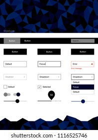 Dark BLUE vector ui kit in polygonal style. Ui Ux kit with colorful polygonal background in its header. This sample is for your landing page.