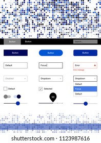 Dark BLUE vector ui kit with dots. Colorful ui/ux kit with header consisted of spheres. Simple colorful design for websites.