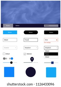 Dark BLUE vector ui kit with clouds & stars. Modern Style guide with colorful gradient sky in its header. Beautiful layout for websites, landing pages.