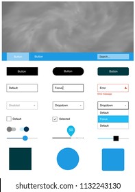 Dark BLUE vector ui kit with clouds & stars. Modern Style guide with colorful gradient sky in its header. This template you can use for websites.