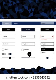 Dark BLUE vector ui kit in polygonal style. Simple Material Design Kit with colorful mosaic of triangles. Modern template for your landing page.