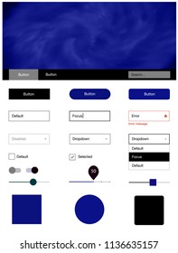 Dark BLUE vector ui kit with clouds & stars. Web ui kit with abstract gradient clouds in its header. This sample is for your landing page.