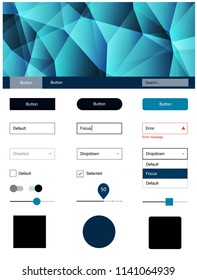 Dark BLUE vector ui kit in polygonal style. Colorful Style guide with triangles on abstract background. This template you can use for landing pages.