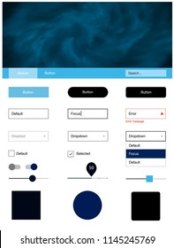 Dark BLUE vector ui kit with clouds & stars. Modern Style guide with colorful gradient sky in its header. Beautiful layout for websites, landing pages.