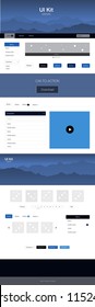 Dark BLUE vector ui kit with landscape. Beautiful ui ux kit with colorful mountains in its header. Template for website of outdoor activities.