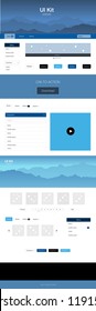 Dark BLUE vector ui kit with landscape. Beautiful ui ux kit with colorful mountains in its header. Simple colorful design for tourist websites.