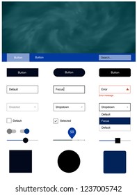 Dark BLUE vector ui kit with clouds & stars. Simple Material Design Kit with colorful clouds in header. Simple colorful design for websites.
