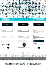 Dark BLUE vector ui ux kit with circles. Modern Style guide with colorful gradient circles in its header. This sample is for your website.