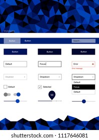Dark BLUE vector ui ux kit in triangular style. Colorful ui/ux kit with header consisted of triangles. Simple colorful design for websites.