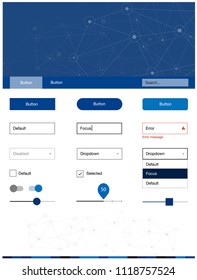 Dark BLUE vector ui ux kit in triangular style with circles. Style guide with triangles, circles on abstract background. Simple colorful design for websites.