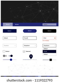 Dark BLUE vector ui ux kit in triangular style with circles. Simple Material Design Kit with colorful triangles, circles. This template you can use for landing pages.