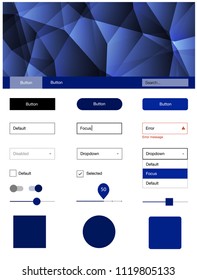 Dark BLUE vector ui ux kit in triangular style. Ui Ux kit with colorful polygonal background in its header. This template you can use for websites.