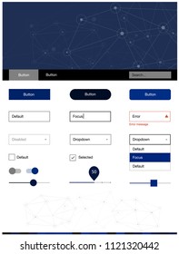 Dark BLUE vector ui ux kit in triangular style with circles. Ui Ux kit with colorful polygonal background in its header. This template you can use for landing pages.