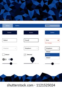 Dark BLUE vector ui ux kit in triangular style. Colorful ui/ux kit with header consisted of triangles. Beautiful layout for websites, landing pages.