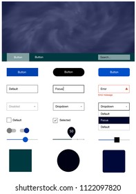 Dark BLUE vector ui ux kit with space stars. Web ui kit with abstract gradient clouds in its header. This template you can use for websites.
