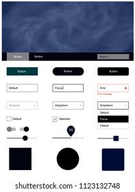 Dark BLUE vector ui ux kit with space stars. Simple Material Design Kit with colorful clouds in header. This template you can use for landing pages.