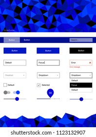 Dark BLUE vector ui ux kit in triangular style. Colorful Style guide with triangles on abstract background. This template you can use for landing pages.