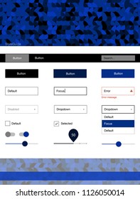 Dark BLUE vector ui ux kit with circles. Web ui kit with abstract gradient circles in its header. This template you can use for websites.