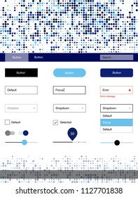 Dark BLUE vector ui ux kit with circles. Modern Style guide with colorful gradient circles in its header. This sample is for your website.