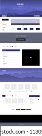 Dark BLUE vector ui ux kit with hills and rocks. Colorful ui/ux kit with header consisted of hills & rocks. Simple colorful design for tourist websites.