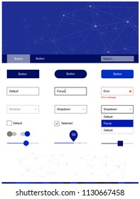Dark BLUE vector ui ux kit in triangular style with circles. Web ui kit with abstract triangles, circles in its header. This template you can use for landing pages.