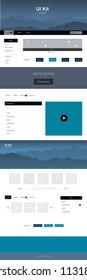 Dark BLUE vector ui ux kit with hills and rocks. Colorful Style guide with mountains on abstract background. Modern template for your landing page.