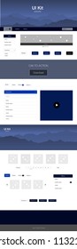 Dark BLUE vector ui ux kit with hills and rocks. Colorful Style guide with mountains on abstract background. Template for landing pages of leisure.