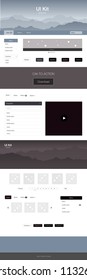 Dark BLUE vector ui ux kit with hills and rocks. Colorful Style guide with mountains on abstract background. Sample for your landing page of tourism.
