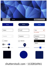 Dark BLUE vector ui ux kit in triangular style. Web ui kit with abstract gradient triangles in its header. This template you can use for landing pages.