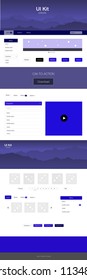 Dark BLUE vector ui ux kit with hills and rocks. Beautiful ui ux kit with colorful mountains in its header. Sample for your landing page of tourism.