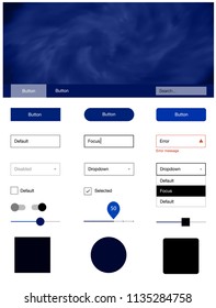 Dark BLUE vector ui ux kit with space stars. Modern Style guide with colorful gradient sky in its header. This sample is for your landing page.