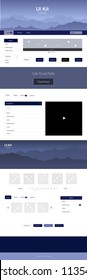 Dark BLUE vector ui ux kit with hills and rocks. Web ui kit with abstract gradient hills in its header. Template for website of outdoor activities.