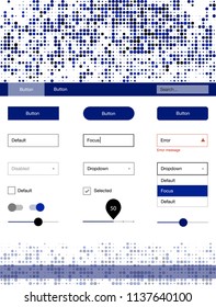 Dark BLUE vector ui ux kit with circles. Simple Material Design Kit with colorful dots in header. This sample is for your landing page.