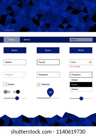 Dark BLUE vector ui ux kit in triangular style. Ui Ux kit with colorful polygonal background in its header. Modern template for your landing page.