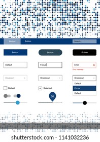 Dark BLUE vector ui ux kit with circles. Simple Material Design Kit with colorful dots in header. This template you can use for landing pages.