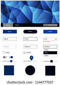 Dark BLUE vector ui ux kit in triangular style. Ui Ux kit with colorful polygonal background in its header. Modern template for your landing page.