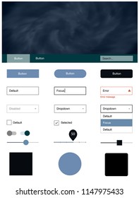 Dark BLUE vector ui ux kit with space stars. Modern Style guide with colorful gradient sky in its header. This sample is for your landing page.