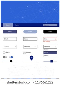 Dark BLUE vector ui ux kit in triangular style with circles. Web ui kit with abstract triangles, circles in its header. Beautiful layout for websites, landing pages.