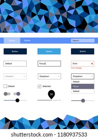 Dark BLUE vector ui ux kit in triangular style. Ui Ux kit with colorful polygonal background in its header. This template you can use for websites.