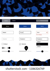 Dark BLUE vector ui ux kit in triangular style. Web ui kit with abstract gradient triangles in its header. Beautiful layout for websites, landing pages.