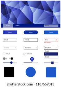 Dark BLUE vector ui ux kit in triangular style. Colorful ui/ux kit with header consisted of triangles. This sample is for your landing page.