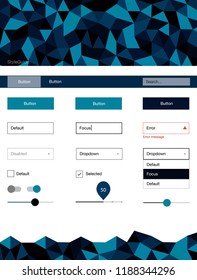 Dark BLUE vector ui ux kit in triangular style. Web ui kit with abstract gradient triangles in its header. Modern template for your landing page.
