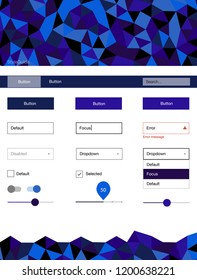 Dark BLUE vector ui ux kit in triangular style. Modern Style guide in polygonal style with triangles. This sample is for your landing page.